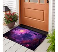 KRSAZCM Gothic Style Doormat, Castle Bat Non-Slip Absorbent Machine Washable Resist Dirt Entrance Area Rug, Purple For Inside Entrance Front Back Door Garden, 60 X 90 Cm