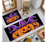 KRSAZCM Halloween Animation Kitchen Rug Set 2 Piece, Witch Hat Pumpkin Lantern Non-Slip Comfort Machine Washable, 43X75Cm+43X150Cm Stain-Resistant Floor Mat For Kitchen Next To Sink - Dark Purple