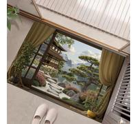 KRSAZCM Japanese Architecture Doormat, Window View Courtyard Non-Slip Absorbent Machine Washable Resist Dirt Entrance Area Rug, Light Brown For Inside Entrance Front Back Door Garden, 60 X 90 Cm
