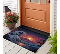KRSAZCM Japanese Cartoon Scenery Doormat, Sunset Over The Waves Non-Slip Absorbent Machine Washable Resist Dirt Entrance Area Rug, Orange-Purple For Inside Entrance Front Back Door Garden, 45 X 75 Cm