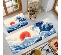 KRSAZCM Japanese Cartoon Style Kitchen Mats And Rugs Washable, Sunset Over The Waves Kitchen Runners Non Slip Set Of 2, Blue Washable Rug Carpets For Home Standing Decoration - 50X80Cm+50X120Cm