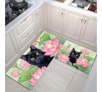 KRSAZCM Light Green Kitchen Rug Mat Set of 2, Lotus Cat Non Slip Washable Entryway Mats,Traditional Ink Painting Indoor Floor Carpets - 40x60cm+40x120cm