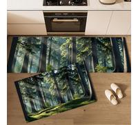 KRSAZCM Lush Vegetation Kitchen Carpet Runners, Sunshine Forest Non-Slip Kitchen Runner Rugs, Dark Green Washable Low Pile Area Floor Rug for Laundry Room Bedroom Entrance - 44x75cm+44x120cm