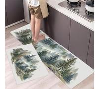 KRSAZCM Pine Forest Kitchen Rug 2 Piece Set, Watercolor Serenity Non-Slip Washable Runner Rug, Bean Green Kitchen Floor Mat for Children's Room Bathroom Home Office - 50x80cm+50x120cm
