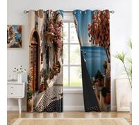 KRSAZCM Realistic Landscape Blackout Curtains Bedroom, Italian Seaside Town Printed Soft Sliding Curtains, Dark Blue Thermal Eyelet Blackout Curtain For Office Living Room - W66×L72(2 Panels)