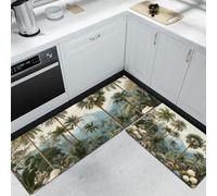 KRSAZCM Retro Plants 2 Pieces Non Slip Kitchen Rug Sets, Palm Tree Hibiscus Washable Kitchen Floor Mat Gray-Green Standing Mat For Hallway Dining Room And Entryway Home Decoration, 43X75Cm+43X150Cm
