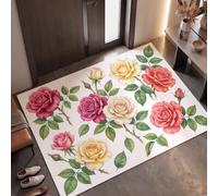 KRSAZCM Rose Bouquet Leaves Door Mats Indoor 80 X 120 Cm, Watercolor Flowers Machine Washable Inside Door Mat, Red Bean Paste Pink Absorbent Entrance Rug, Anti-Slip Floor Mats For Front Rear Doors