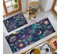 KRSAZCM Starry Sky Flowers 2 Pieces Non Slip Kitchen Rug Sets, Peony Moon Washable Kitchen Floor Mat Midnight Blue Standing Mat For Hallway Dining Room Decoration, 40X60Cm+40X120Cm