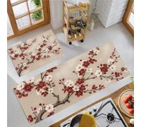 KRSAZCM Traditional Chinese Flowers Non Slip Kitchen Rug Set 2 Pieces, Washable Plum Blossom Branches Kitchen Floor Mat, Red Standing Mats For Office Home Decoration, 40X60Cm+40X120Cm