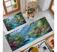 KRSAZCM Tropical Rainforest Kitchen Rug Mat Set Of 2, Wildflower Waterfall Non Slip Washable Entryway Mats,Turquoise Indoor Floor Carpets - 43X75Cm+43X150Cm