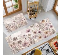 KRSAZCM Watercolor Flowers Kitchen Mats And Rugs Washable, Poppy Branches And Leaves Kitchen Runners Non Slip Set Of 2, Pinkish-Purple Washable Rug For Home Standing Decoration - 50X80Cm+50X120Cm
