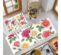 KRSAZCM Watercolor Flowers Non Slip Kitchen Rug Set 2 Pieces, Washable Rose Bouquet Leaves Kitchen Floor Mat, Red Bean Paste Pink Standing Mats For Office Home Decoration, 40X60Cm+40X120Cm