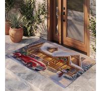 KRSAZCM Wooden House Car Christmas Tree Door Mats Indoor 60 X 90 Cm, Country Christmas Machine Washable Inside Door Mat, Warm Brown Absorbent Entrance Rug, Anti-Slip Floor Mats For Front Rear Doors