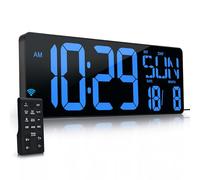 KRSTIR Large Digital Wall Clock with Remote Control 17.2" LED Large Display Timer with Temperature Date W uto DST Adjustable Brightness, Big Wall Alarm Clock for Office (080Blue)