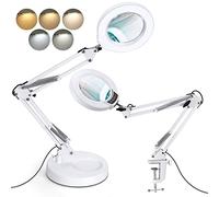 Krstlv 10X Magnifying Glass with Light and Stand, Upgrade Button 5 Color Modes Stepless Dimmable, 2-in-1 LED Lighted Magnifier Light, Hands Free Desk Lamp with Clamp for Craft Hobby Close Work - White