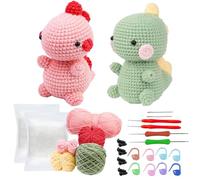 KRUCE 2 Pack Dinosaurs Crochet Kit for Beginners, Beginner Crochet Kit for Adults with Step-by-Step Video Tutorials, DIY Crochet Animal Kits Kids Knitting Supplies(Pink,Green)
