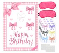 KRUCE Cute Pink Bow Party Decorations, Pin The Bow Sticker on Backdrop Party Game, Large Poster with 24 Pcs Bow Stickers and Eye Patch, Birthday Party Supplies for Girls (Pink)