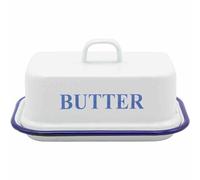 Krüger Butter Dish " Husum " Box Enamelled Stahlemaille White Blue 17x12x9 CM