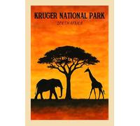 Kruger National Park African Safari Wall Art Print, Orange Sunset Silhouette with Elephant and Giraffe, Wildlife Nature Landscape Wall Art. Size A3