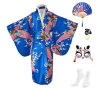 KRUIHAN Girl Kimono Japanese Dress Yukata Kids Satin Dressing Gowns Wedding Party Performance Kimono Robe,Child Cosplay Costume Set with Folding Fan,Tabi Socks,Fox Mask and Hair Clips,130,Royal Blue