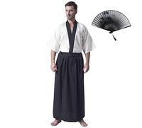 KRUIHAN Japanese Kimono Men Yukata Kimono Robe Japanese Traditional Samurai Uniform Cosplay Costume Japanese Style Clothing Haori Jacket Top Hakama Skirt Set,One Size,Beige