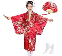 KRUIHAN Japanese Style Girls Traditional Kimono Kids Yukata Robe Satin Dressing Gown Kids Cosplay Costumes Party Dress,with Folding Fan and Tabi Socks,Style B,Red,140