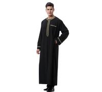 KRUIHAN Kaftan Men Long Sleeve Thobe for Men Black Abaya Prayer Gown with Pockets Moroccan Jubba Arab Clothes Men Islamic Gifts,M