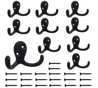 Kruodop 10 Pack Wall Hooks Wall Mounted Coat Hooks for Hanging Heavy Duty, Black Towel Hooks, Metal Double Coat Hanger with Screws Cup Retro for Coats, Handbags, Towels, Hat