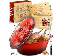 KRUSTENZAUBER 10L Oval Cast Iron Roasting Dish with Lid, Red, Enamel, Induction, 37.5x29.3x15cm, 8.5kg, XXL Casserole Pot for Goose, Duck, Turkey, Bread