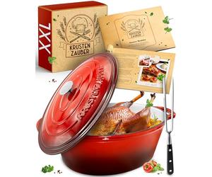 KRUSTENZAUBER 10L Oval Cast Iron Roasting Dish with Lid, Red, Enamel, Induction, 37.5x29.3x15cm, 8.5kg, XXL Casserole Pot for Goose, Duck, Turkey, Bread