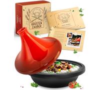 KRUSTENZAUBER 27 cm Round Cast Iron Tagine - Red Oriental Cookware with Ceramic Lid - Induction & Oven Safe, Perfect for Moroccan Tajine Recipes