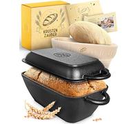 KRUSTENZAUBER 28 cm cast iron roasting dish with lid, oven-safe, including proofing basket, square pot, bread baking, ideal as an oven dish, induction, bread baking pot, accessories