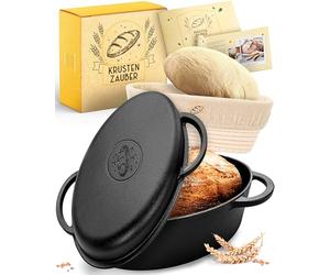 KRUSTENZAUBER 34 cm Cast Iron Roasting Dish with Lid, Oven-Safe, Including Proofing Basket, Oval Cast Iron Pot, Ideal for Bread Baking and Roasting