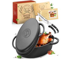KRUSTENZAUBER 38 cm Cast Iron Roasting Dish with Lid, Oven-Safe, Includes Poultry Scissors, 9 kg Goose Roaster, Ideal XXL Casserole Pot, Stewing Pot, Induction, Cast Iron Pan