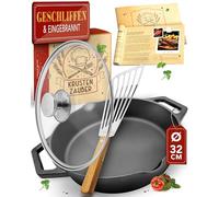 KRUSTENZAUBER Cast Iron Pan Induction 32 cm Double Handle - Includes Lid and Spatula - Polished Cast Iron Pan, Cast Iron Pan, Cast Iron Pan, Cast Iron Pan, Cast Iron Pan