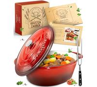 KRUSTENZAUBER KRZ 24 Cast Iron Roasting Dish with Lid 33 cm Oven Safe Including Meat Fork 6 L Enamel Pot XL Ideal Casserole Pot Kazan Induction Oval Gift Christmas