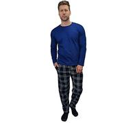 KRUXADER Mens Pyjamas Set|100% Cotton PJ Set|Elasticated Pants With Drawstring & Long Sleeve Top(Pendragon Blue, L)