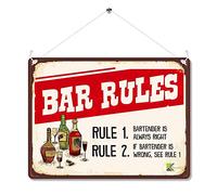Kruzroyal Funny Bar Rules Metal Wall Sign, Bartender Is Always Right Novelty Plaque Gift, Humorous Retro Vintage Tin Decor for Home Pub or Man Cave, 20x15cm with Hanging String & Holes