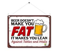 Kruzroyal Funny Beer Metal Wall Sign, Makes You Lean Novelty Plaque Gift, Humorous Retro Vintage Tin Decor for Home Bar Pub or Man Cave, 20x15cm with Hanging String