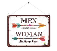 Kruzroyal Funny Boho Metal Wall Sign, Men To The Left Because Woman Are Always Right Novelty Plaque Gift, Humorous Retro Vintage Tin Decor for Bedroom or Door, 20x15cm with Hanging String