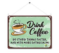 Kruzroyal Funny Coffee Metal Wall Sign, Drink Coffee Do Stupid Things Faster Novelty Plaque Gift, Humorous Retro Vintage Tin Decor for Home Office or Kitchen, 20x15cm with Hanging String & Holes
