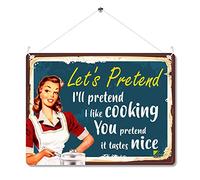 Kruzroyal Funny Cooking Metal Wall Sign, Let’s Pretend Retro Kitchen Decor Plaque, Humorous Vintage Tin Sign for Dining Room or Home Bar, 20x15cm