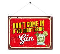 Kruzroyal Funny Gin Metal Wall Sign, Don't Come In Without Gin Novelty Plaque Gift, Humorous Retro Vintage Tin Decor for Home Bar or Pub, 20x15cm with Hanging String