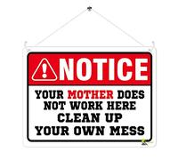 Kruzroyal Funny Kitchen Metal Wall Sign, Your Mother Does Not Work Here Novelty Plaque Gift, Humorous Retro Vintage Tin Decor for Office Staff Room or Home, 20x15cm