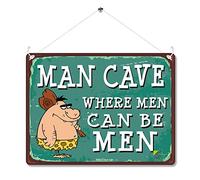 Kruzroyal Funny Man Cave Metal Wall Sign, Where Men Can Be Men Novelty Plaque Gift, Humorous Retro Vintage Tin Decor for Garage or Garden Shed, 20x15cm with Hanging String