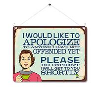 Kruzroyal Funny Sarcastic Metal Wall Sign, Apologize To Anyone Not Offended Yet Novelty Plaque Gift, Humorous Retro Vintage Tin Decor for Home or Office, 20x15cm with Hanging String