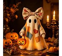 Kryilut Lighted Vintage Patchwork Ghost, Halloween Ghost Night Lamp with Pumpkin Lantern, Vintage Halloween Patchwork Ghosts Lamp, Halloween Decoration for Mantel Shelf Entryway Porch (1pc)