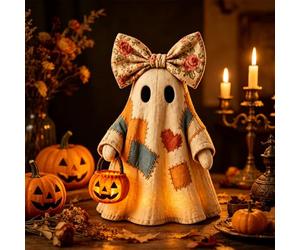 Kryilut Lighted Vintage Patchwork Ghost, Halloween Ghost Night Lamp with Pumpkin Lantern, Vintage Halloween Patchwork Ghosts Lamp, Halloween Decoration for Mantel Shelf Entryway Porch (1pc)