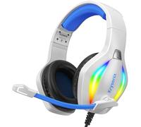 Krysenix PG1 Gaming Headset for PS4, PS5, PC, Xbox one, Switch, Wired Gamer Headphones with LED Light, Ergonomic Design Over Ear Computer Headset with AI Stereo Microphone & 3.5mm Jack, White+Blue