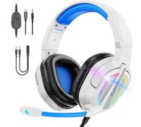 Krysenix PG2 Gaming Headset for PS4, PS5, PC, Xbox One, Switch, Wired Gaming Headphones with Noise Cancelling Microphone, Ergonomic Design Over Ear Computer Headset with 3.5mm Jack & LED,Azure/White